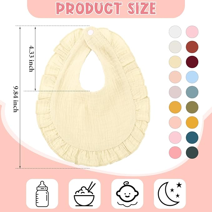 Kenning 18 Pcs Muslin Drool Baby Bibs Ruffle Absorbent Bib with Snap Button Boy Girl for Drooling Teething Infant Newborn