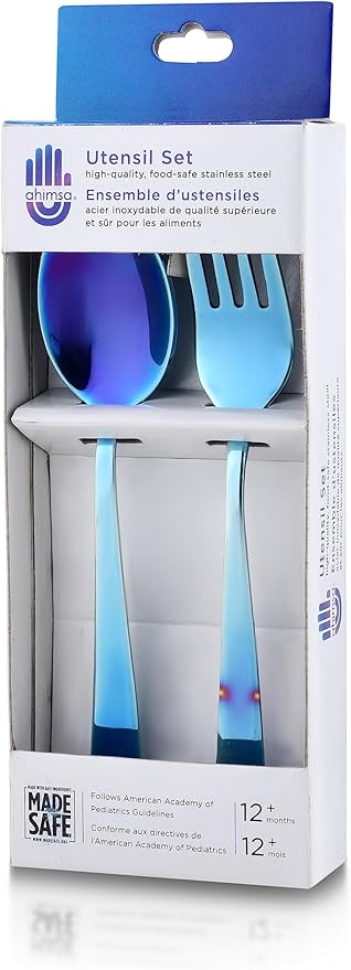 Ahimsa Stainless Steel Kids Utensils Set, Pediatrician Designed, Colorful Kids Silverware, Non Toxic, Dishwasher Safe, Iridescent Blue Fork and Spoon