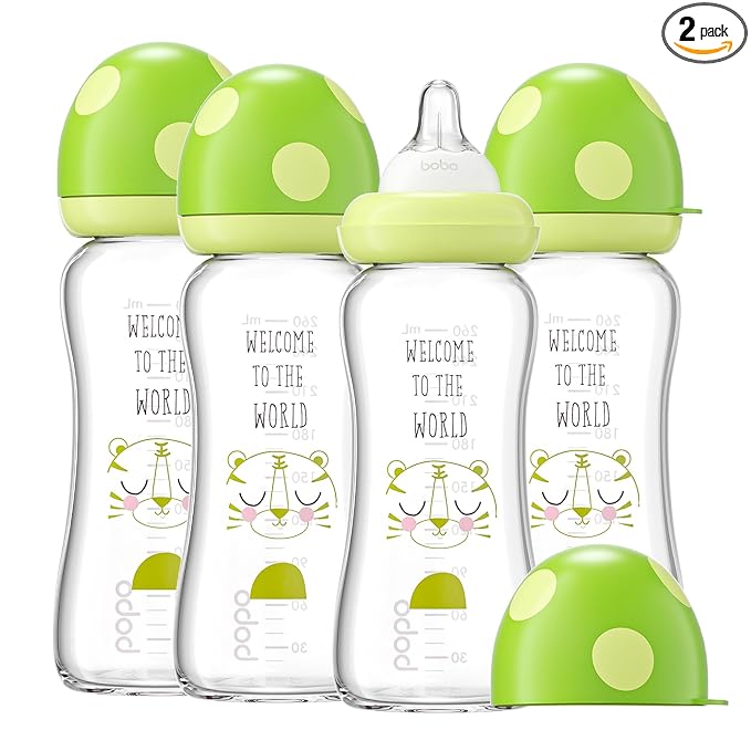 YOHKOH Natural Glass Baby Bottle with Level 2 Medium Flow Nipple, Newborn Anti-Colic Baby Bottles, Wide Neck Mushroom Baby Glass Bottle (8.8ounce (Pack of 4), Green1)