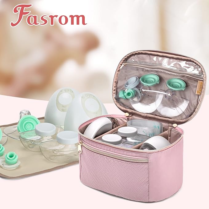 Fasrom Wearable Breast Pump Bag Compatible with Momcozy, Medela and Elvie Hands Free Pumps, Portable Carrying Case with Waterproof Mat for Working Moms Travel, Pink (Bag Only, Patent Design)