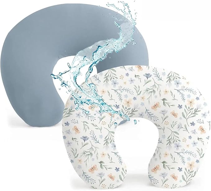 Baby Waterproof Nursing Pillow Cover, Stretchy Nursing Covers for Breastfeeding Pillows, Adorable Infant Feeding Pillow Slipcover for Baby Boy and Girls (Blue + Blue Flower)