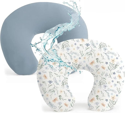 Baby Waterproof Nursing Pillow Cover, Stretchy Nursing Covers for Breastfeeding Pillows, Adorable Infant Feeding Pillow Slipcover for Baby Boy and Girls (Blue + Blue Flower)