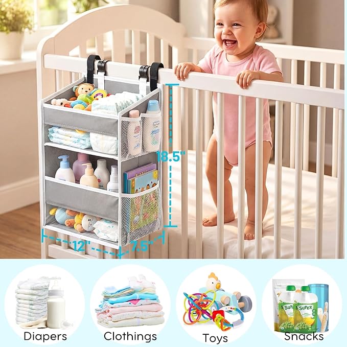 Ofiray-home Hanging Diaper Organizer for Changing Table,Cribs,Car,Playard or Wall & Nursery Organization-Durable 2-Tier Diaper Organizer with Mesh Pockets and Viewable Design, Won't Deform, Light Gray