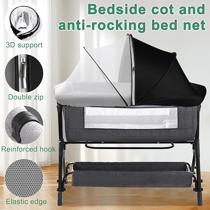 Bassinet Cover for Cats - Blackout Breathable Mosquito Net for Baby Bedside Sleepers & Travel Cribs, 2-Way Zipper Bug Canopy Tent to Block Light & Keep Cats Out (Black-Small)