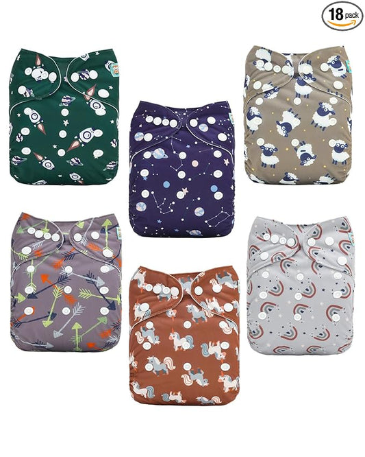 ALVABABY Baby Cloth Diapers 6 Pack with 12 Inserts Cloth Diaper Covers Adjustable Washable Reusable for Baby Girls and Boys