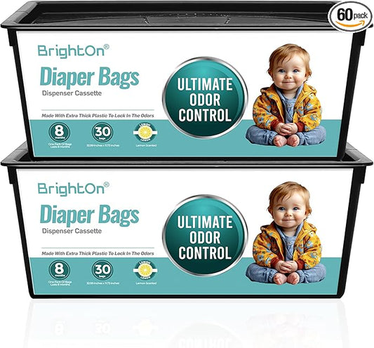 BrightOn® Diaper Pail Refill Bags, 30 Bags Per Refill, Compatible with Genie Easy Roll Signature Diaper Pails, Holds Up to 2820 Newborn Diapers, Real 7 Layer Odor Barrier, Lemon Scent, 2PACK (60 Bags)