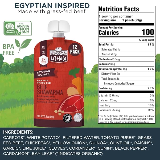Li’l Hala Beef Baby Food Pouch | Beef Shawarma (12ct) | Savory 6+ Months Baby Food Pouches with Protein and Organic Veggies, Nutrient Packed Toddler Snacks with Iron | Stage 2 Baby Food Meat Puree