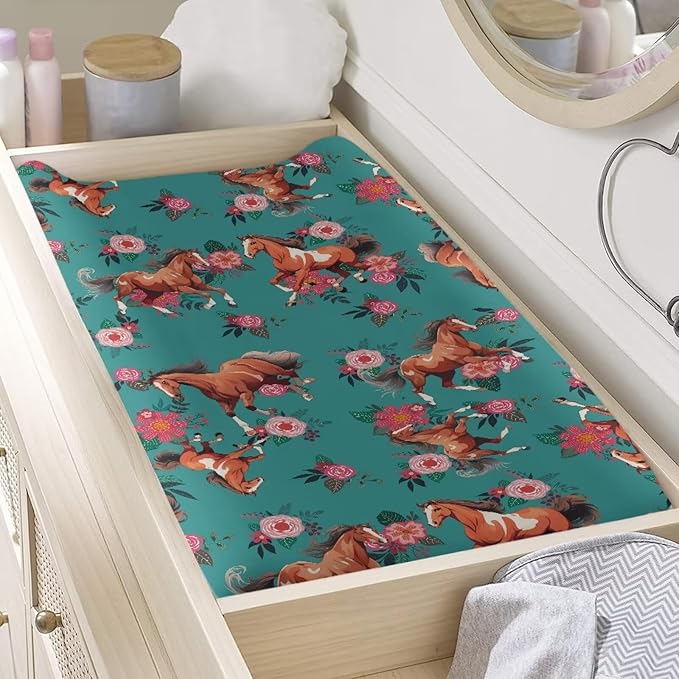 Floral Horse Changing Pad Covers Ultra Soft Stretch Diaper Change Table Pad Cover Infant Changing Mat Sheets Table Covers for Boys Girls