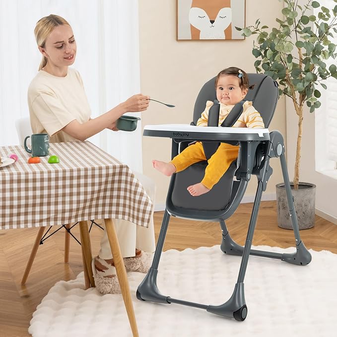 BABY JOY Convertible High Chair for Babies & Toddlers, Height Adjustable, Grow & Go High Chair w/Recline & Footrest, Removable Double Tray, Portable Baby Dinning Chair with Wheels (Dark Gray)
