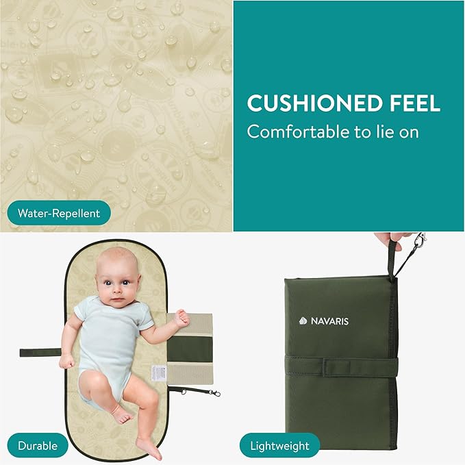 Navaris Baby Changing Mat Portable - Slim Lightweight & Foldable Baby Change Mat - Water Repellent Travel Changing Mat with Pockets - Folding Mat for Clean Diaper Changes - Olive