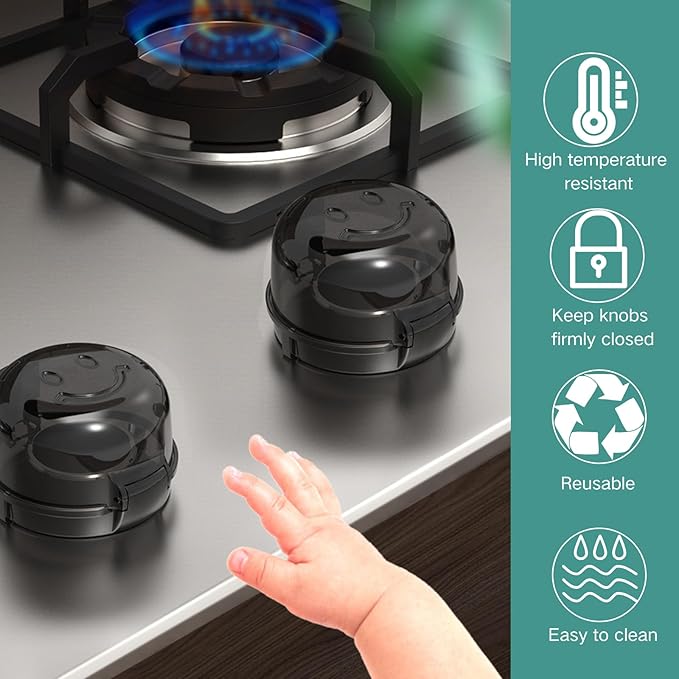 5 Pack Stove Knob Safety Covers – Child Proof Gas Stove Knob Covers, Universal Oven Lock Safety for Baby, Heat-Resistant Plastic Stove Knob Guards for Kitchen Safety (Black)