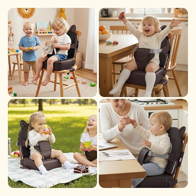 Booster Seat for Kitchen Chair, Toddler Kids Booster Seats for Dining Table with Backrest and Adjustable Strap, Portable PU Waterproof Travel Baby Boy Girl Booster Increasing Cushion (Khaki, OneSize)