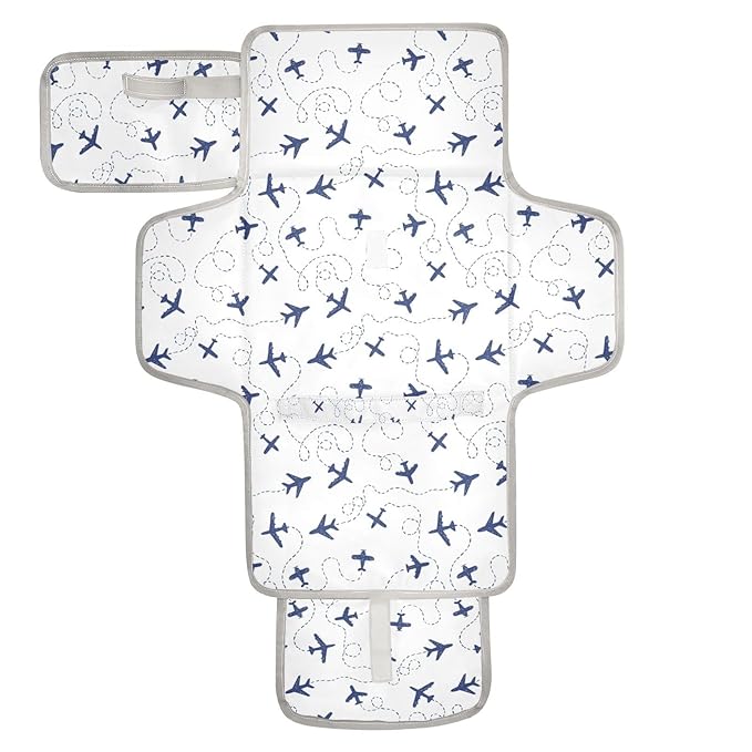 Blue Airplanes Portable Diaper Changing Pad with Wipes Holder, Air Plane Transportation Paw Foldable Baby Diaper Changer Travel Bag White Baby Changing Mat with Built-in Pillow for Newborn
