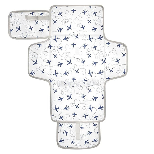 Blue Airplanes Portable Diaper Changing Pad with Wipes Holder, Air Plane Transportation Paw Foldable Baby Diaper Changer Travel Bag White Baby Changing Mat with Built-in Pillow for Newborn