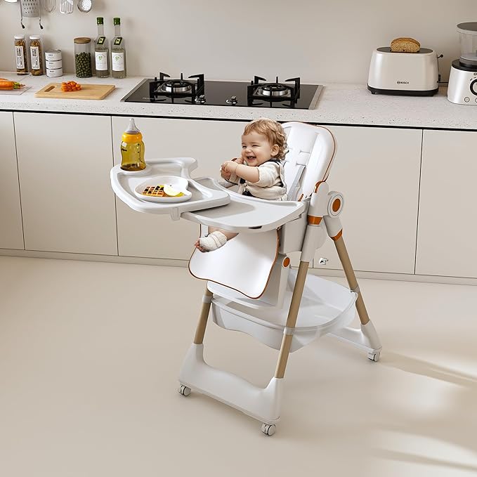 White Convertible Height Toddler High Chair with Lockable Wheels, Portable Foldable Baby Feeding Seat with Tray, Adjustable Highchair Easy Clean for Babies and Toddlers Ages 0-6 Years