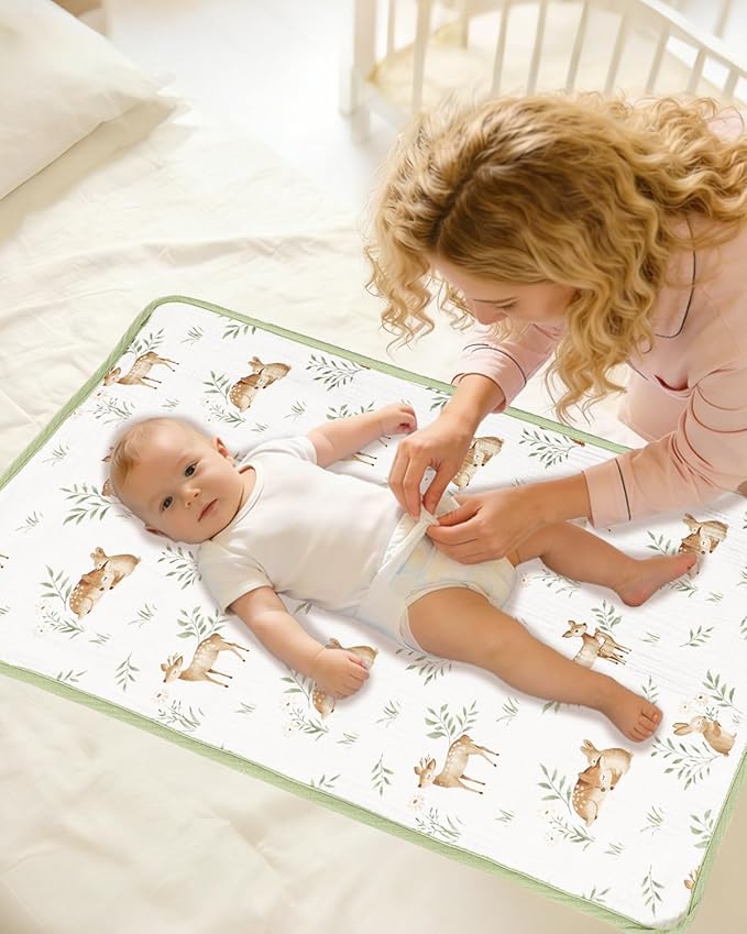 Waterproof Portable Changing Pad 2 Pack, Muslin Cotton Baby Changing Mat Comfortable & Breathable, Foldable Diaper Changing Pad for Travel, Machine Washable, Deer & Green