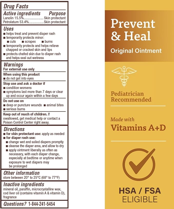 A+D Original Diaper Rash Ointment Prevents & Treats Diaper Rash, Moisturizing Skin Protectant with Vitamins A & D, Healing Skin Ointment for Dry and Cracked Skin 4oz