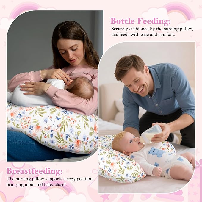 Nursing Pillow - Breastfeeding Pillow with Breathable Filling & Removable Cover, Ergonomic Support for Breastfeeding & Bottle (Green Leaf,0-12 Months)