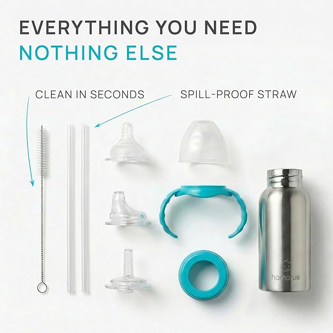 3-in-1 Stainless Steel Newborn Baby Bottle – Grows into Sippy and Straw Cup, Leak-Proof Insulated, Ages 0–4, 6 oz Teal