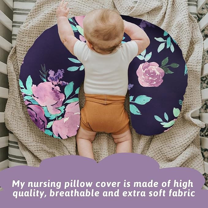 TANOFAR Nursing Pillow Cover 1 Pack, Stretchy Removable Nursing Cover for Breastfeeding Pillows, Ultra Soft Snug Fits On Newborn Feeding Pillow Case for Baby Girls/Boys, Purple Flower