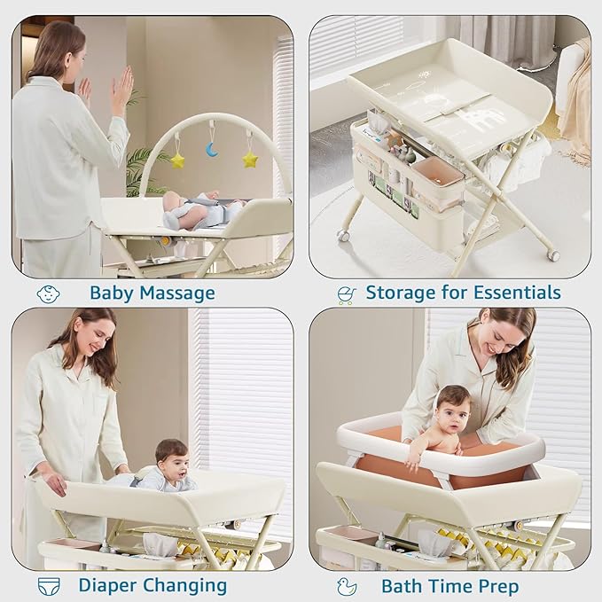 Changing Table, Portable Baby Changing Table with Wheels, Upgraded Foldable Diaper Changing Station with 5-Level Adjustable Height & Large Nursery Organizer Storage for Newborn Infant (Beige)