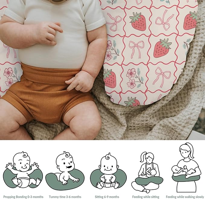 Boho Strawberry Flowers Baby Nursing Pillow Covers for Girl Strawberries Pink Bows Checkerboard Nursing Slipcovers for Breastfeeding Pillows Summer Fruit Soft Stretchy Cover for Newborn Infant