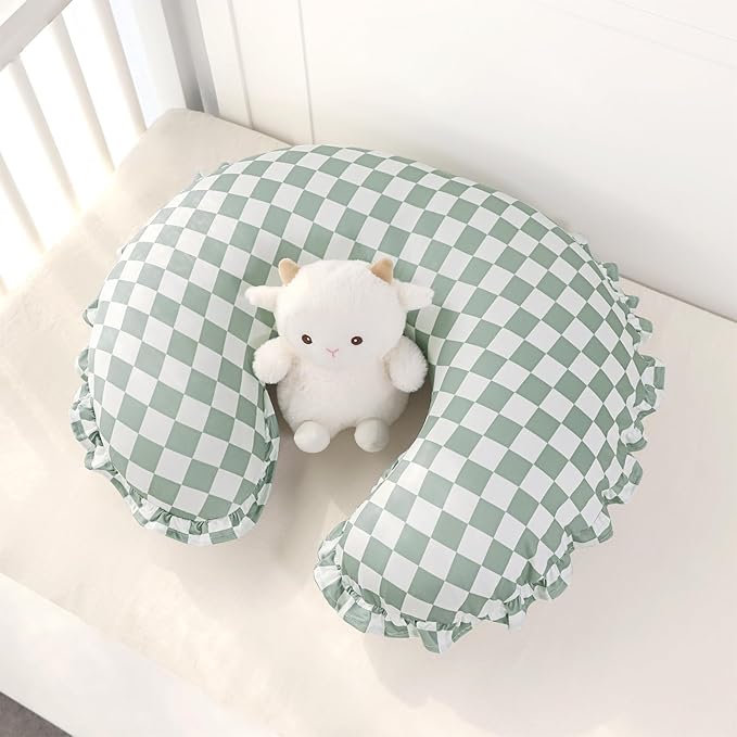 DILIMI Nursing Pillow Cover, Removable Ruffled Pillowcase for Breastfeeding Pillows, Ultra Soft Comfortable Slipcover for Baby Girl and Boy, Green Gingham