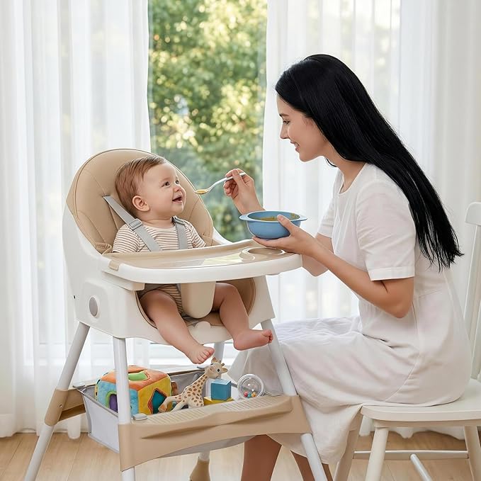 Ktaxon Foldable Baby High Chair, 2-in-1 Portable Convertible Highchair with 5-Point Safety Harness, Easy to Clean Tray and Storage Bag for Toddlers & Babies, Beige