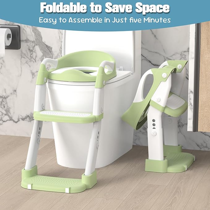 Potty Training Seat, Toddler Potty Training Toilet with Step Stool Ladder for Kids Boys Girls, 3 in 1 Foldable Toilet Seat Potty Chair with Urinals, Splash Guard, Handles, Anti-Slip Pad,Green