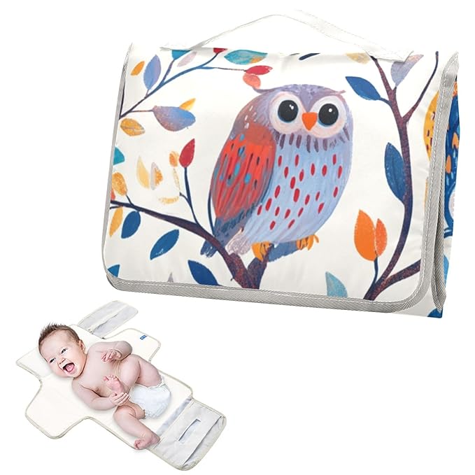 Portable Diaper Changing Pad Travel Baby Changing Mat Waterproof Diaper Changing Mat Foldable Lightweight Baby Changer with Built-in Pillow Cute Colorful Owls Branch Flowers