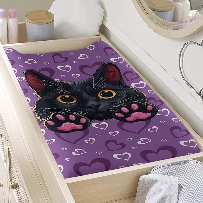 Purple Heart Cat Changing Pad Covers Soft Baby Change Table Covers Breathable Change Sheet Fit for Most Baby Diaper Change Pads Machine Washable