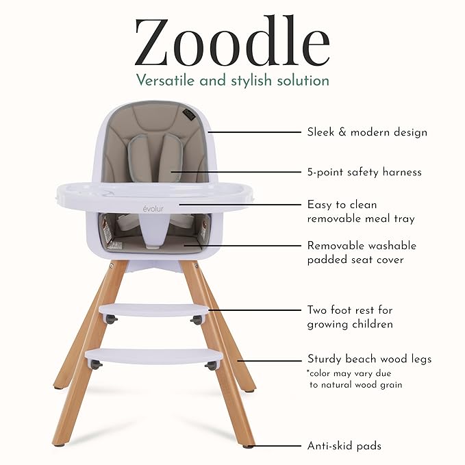 évolur Zoodle 3-in-1 High Chair in Light Grey | Convertible Wooden Baby Feeding Chair with Dishwasher Safe Removable Tray, Adjustable Footrest, Padded Cushion, 5-Point Harness for Infants & Toddlers
