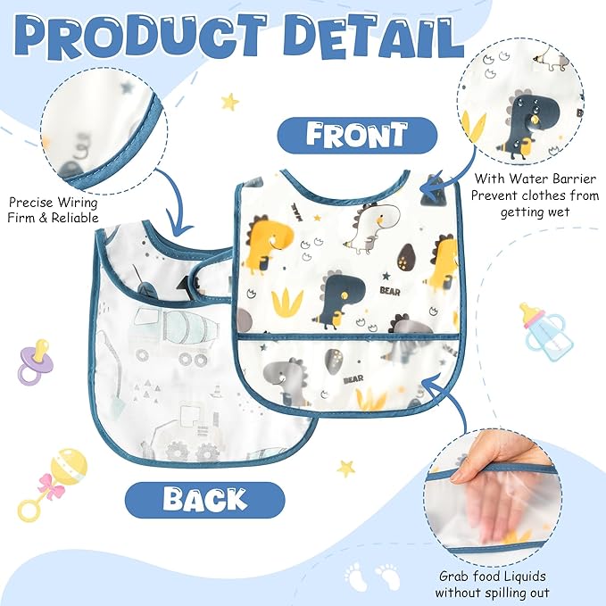 6Pcs Baby Bibs for Feeding Toddler Eating Bibs with Crumb Catcher Pocket Waterproof Sleeveless Teething Plastic Food Bib Set Adjustable Infant Keepsake Gift for Boys Baby Shower, 6-24 Months