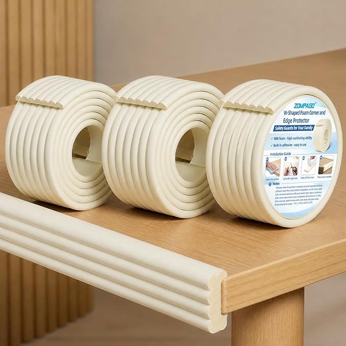 ZOMPAGO Beige Foam Edge & Corner Protector Tape, 3 Rolls,0.35" Thick x 3.15" Wide x 6.56 FT, Strong Adhesive, Baby Proofing for Table Edge, Crib Edge, Sharp Furniture Edge Protection