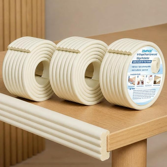 ZOMPAGO Beige Foam Edge & Corner Protector Tape, 3 Rolls,0.35" Thick x 3.15" Wide x 6.56 FT, Strong Adhesive, Baby Proofing for Table Edge, Crib Edge, Sharp Furniture Edge Protection