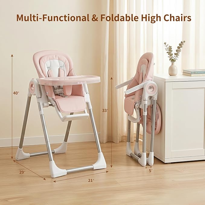 Babilous High Chair, Foldable High Chairs for Babies and Toddlers, Ultra Safe for Infant with Lockable Wheels, Easy Clean, Removable Tray/Adjustable Footrest for Baby Feeding HighChair, Pink