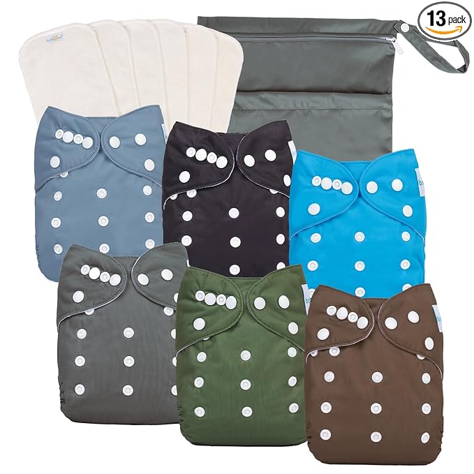 babygoal Baby Boy Cloth Diapers 6 Pack with 6pcs Inserts and Wet Bag, Reusable Waterproof Diaper Covers for Toddlers with Snap Closure