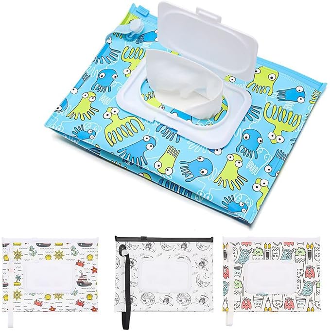 HomeSoGood 4Pcs Wet Wipes Bag Wipes with Easy-Carry Snap-Strap Portable Flip Cover Cosmetic Pouch Tissue Box Accessories(7.09inch)