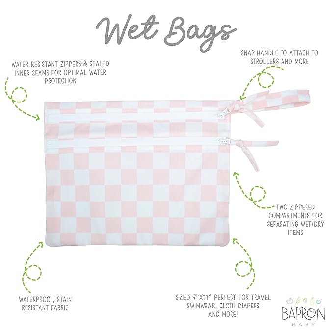 BapronBaby Pink Checkerboard Wet Dry Bag - Waterproof Two Zipper Pocket - Reusable for Mealtime, Diapers, Stroller, Snacks, Swimsuits - Machine Washable - 11" x 9"