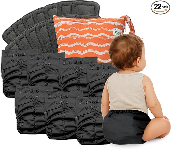7-Pack Reusable Cloth Diapers with AWJ Interior – Includes 14 Absorbent Inserts and 1 Wet Bag – Adjustable, Waterproof, and Washable (Midnight Cozy, Charcoal Inserts)