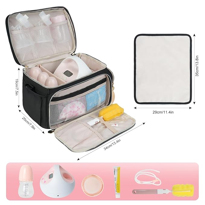 Breast Pump Bag Compatible with Spectra S1 and S2, Breast Pumping Travel Storage Bag with Waterproof Mat for Pumping Essentials and Accessories, Black