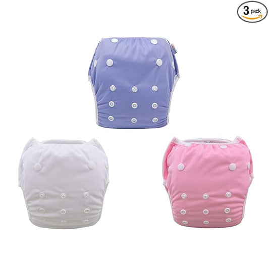ALVABABY Swim Diapers 3pcs Reuseable Washable & Adjustable for Swimming Lesson & 0-2 Years Purple White Pink 3SWB17
