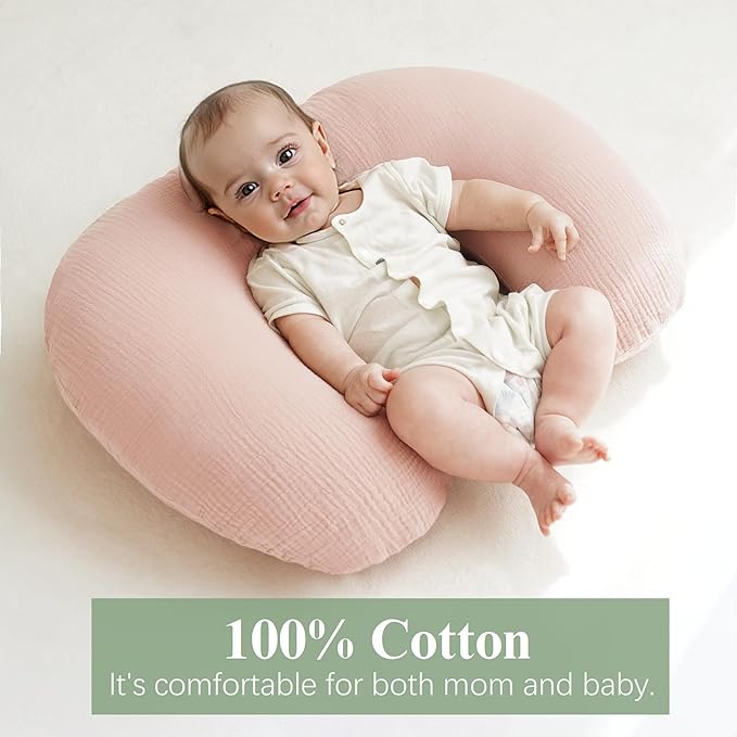 Muslin Nursing Pillow Covers, 2 Pack, Soft & Adorable Slipcovers with Zipper Closure, 100% Cotton Covers for Breastfeeding Pillows (Pink, Flower)
