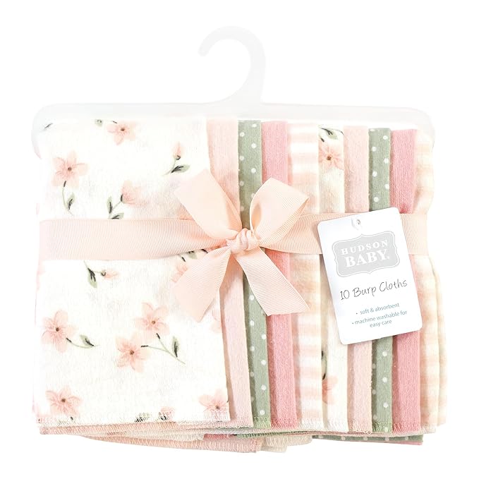 Hudson Baby Unisex Baby Cotton Flannel Burp Cloths, Pink Dainty Floral 10 Pack, One Size