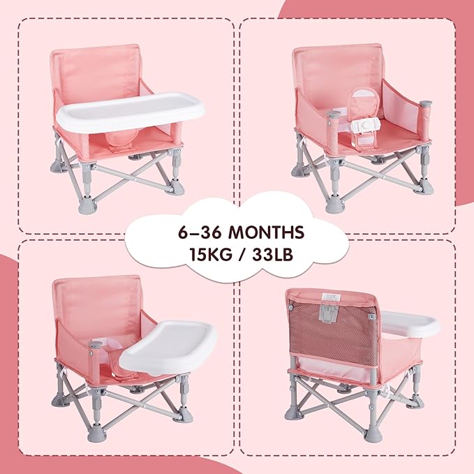 Portable Baby Chair, Folding Booster Seat with Tray for Dining Table Compact Camping Chair for Lawn Beach Travel Babies 6-36 Months