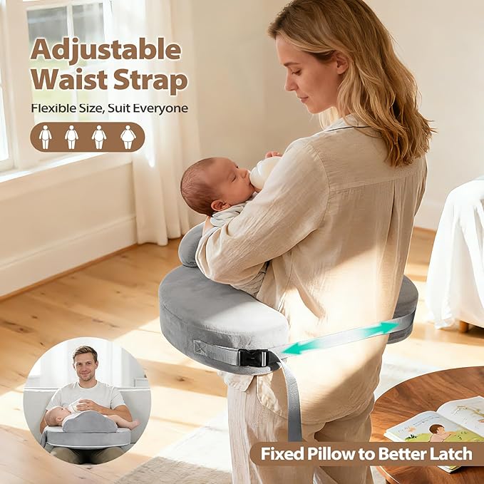 Nursing Pillow - Memory Foam Bottle & Breastfeeding Pillow with Safety Fence - Ergonomic Support, with Wider Breast Feeding Cushion, Adjustable, Removable Cover, Baby Safety Certified Gray