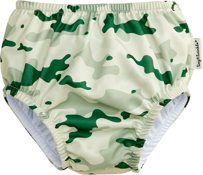 Tiny Twinkle Pull-Up Reusable Swim Diapers 2-Pack | Waterproof and UPF 50+ Sun Protection | Lightweight and Absorbent | Machine Washable(Camouflage,Retro Stripe,6-12M