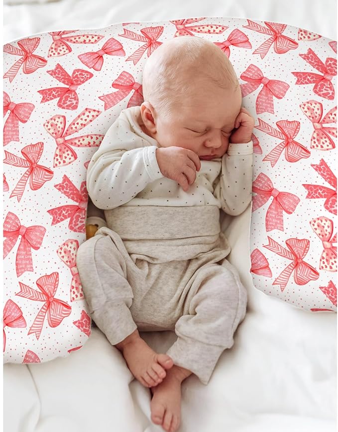 Red Bows Baby Nursing Pillow Covers for Girl Red Hair Bows Leopard Stripes Nursing Slipcovers for Breastfeeding Pillows Valentine Hearts Love Soft Stretchy Removable Cover for Newborn Infant