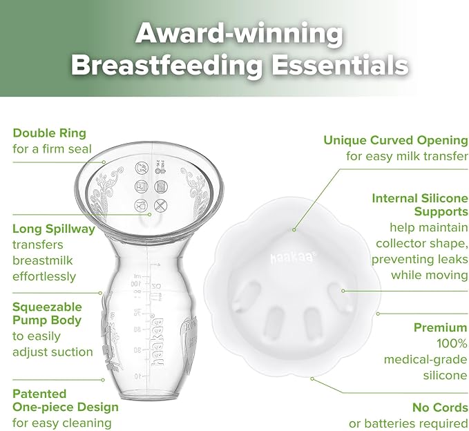 haakaa Manual Breast Pump for Breastfeeding 4oz/100ml and Petal Milk Collector Combo丨Food-Grade Silicone, Breast Milk Catcher for Leaking Milk with Cleaning Brush