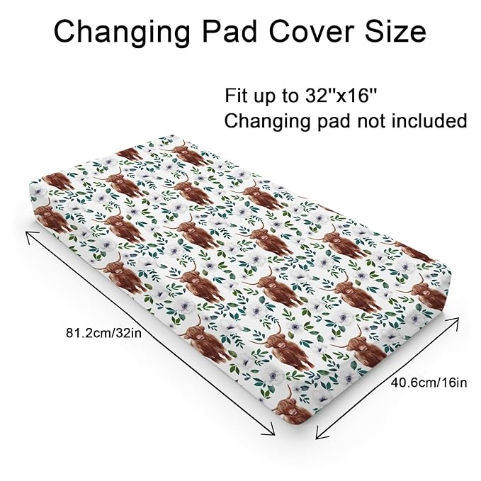 Highland Cows White Poppy Changing Pad Cover Cute Yak Boho Floral Diaper Changing Table Cover Sheets for Boys Girls Soft Breathable Stretchy Fitted Changing Table Mats 32''x16''